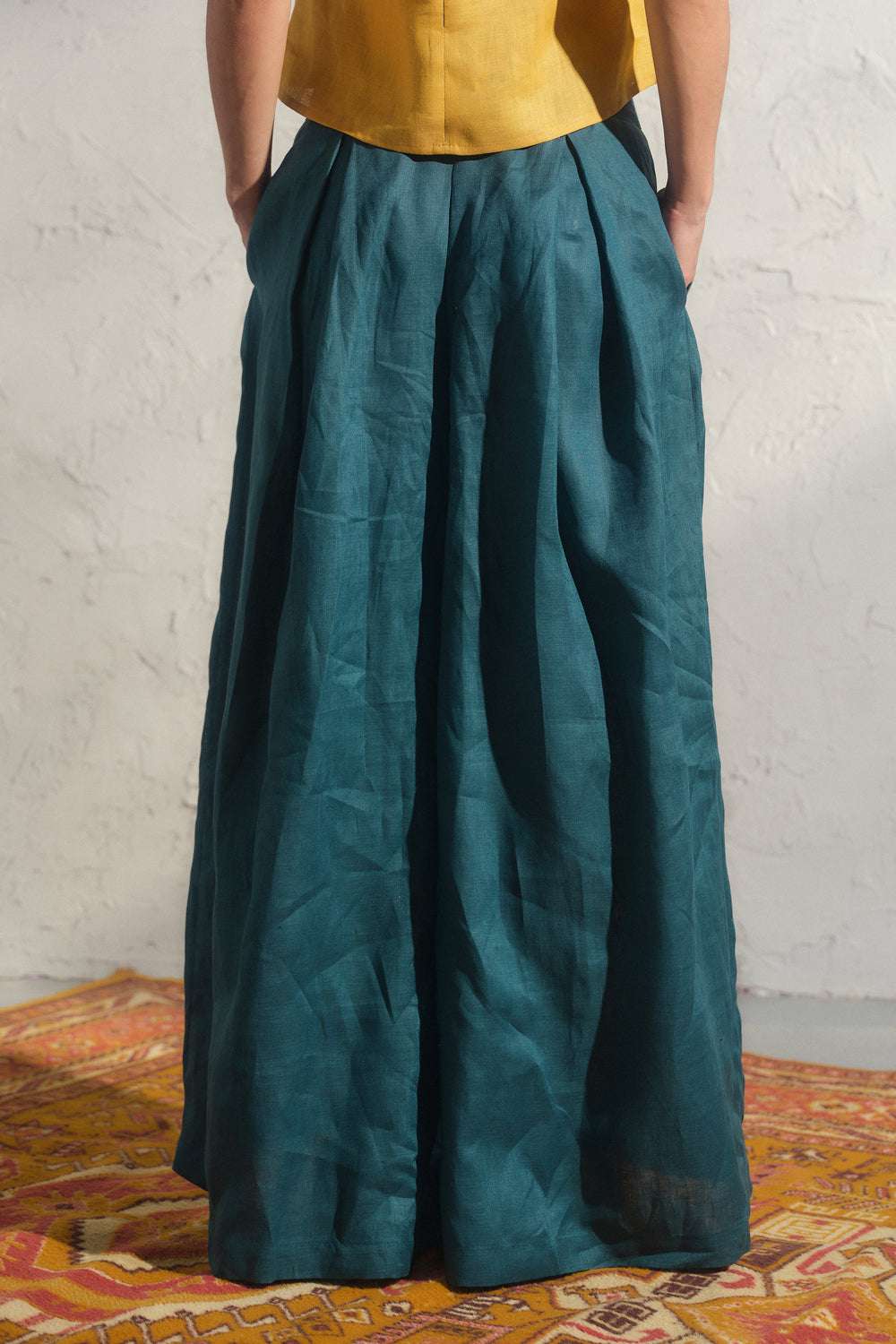 Wide leg petrol blue linen pants with pleats