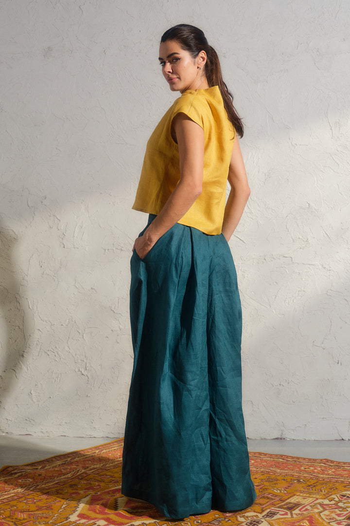 Wide leg petrol blue linen pants with pleats