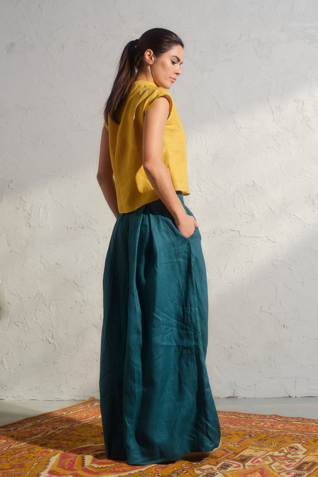 Wide leg petrol blue linen pants with pleats