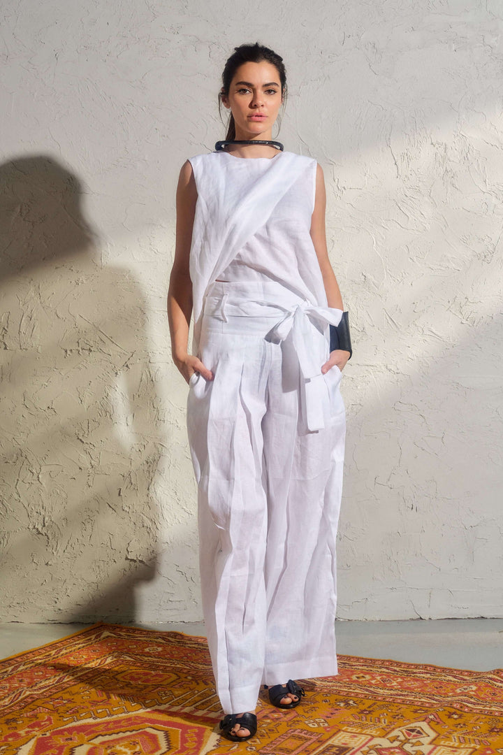 White wide leg linen pants