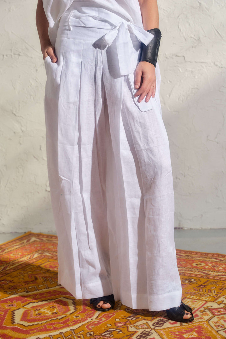 White wide leg linen pants