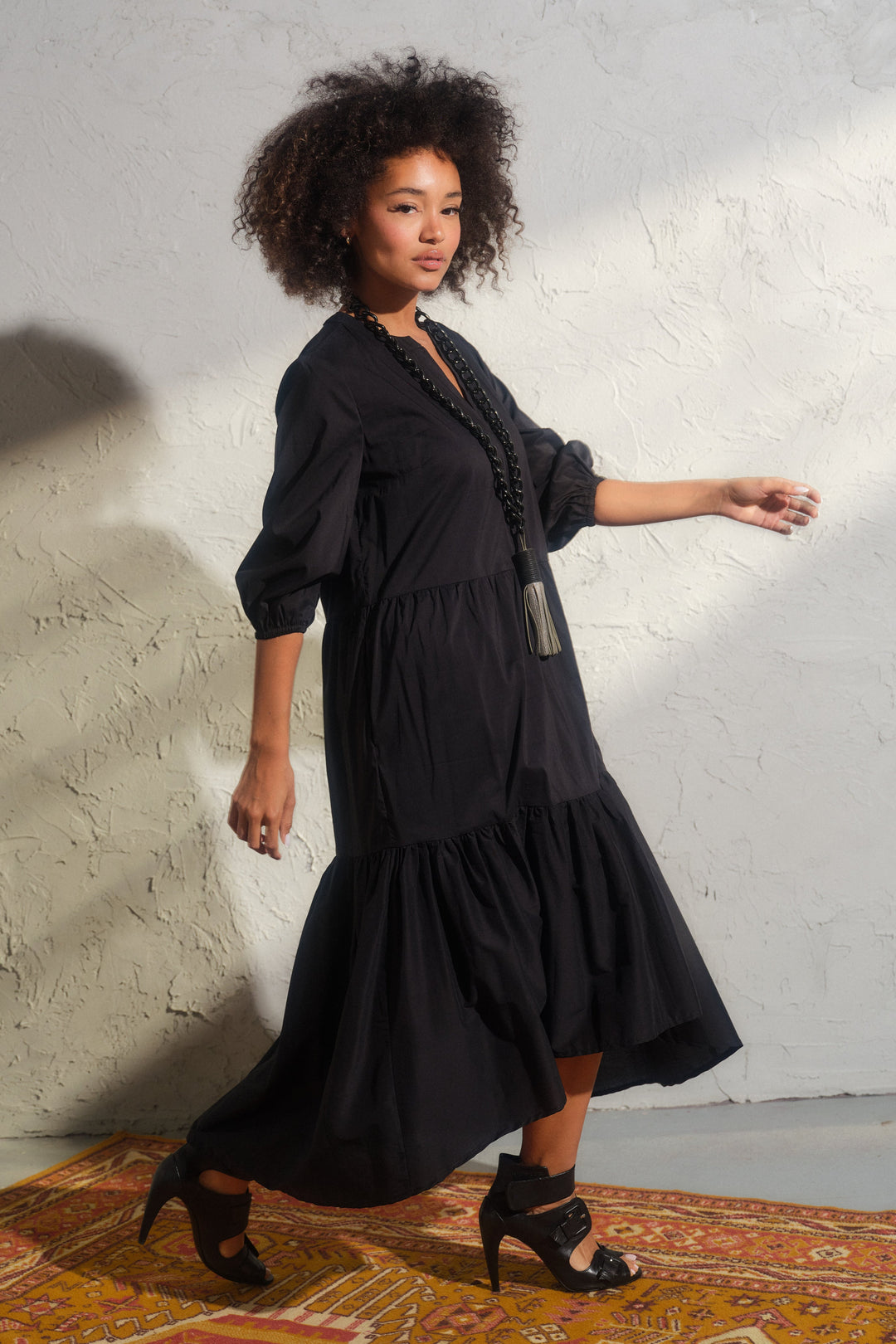 black cotton tiered dress Organic Black Cotton Midi Dress: Plus Size Tiered Boho Dress
