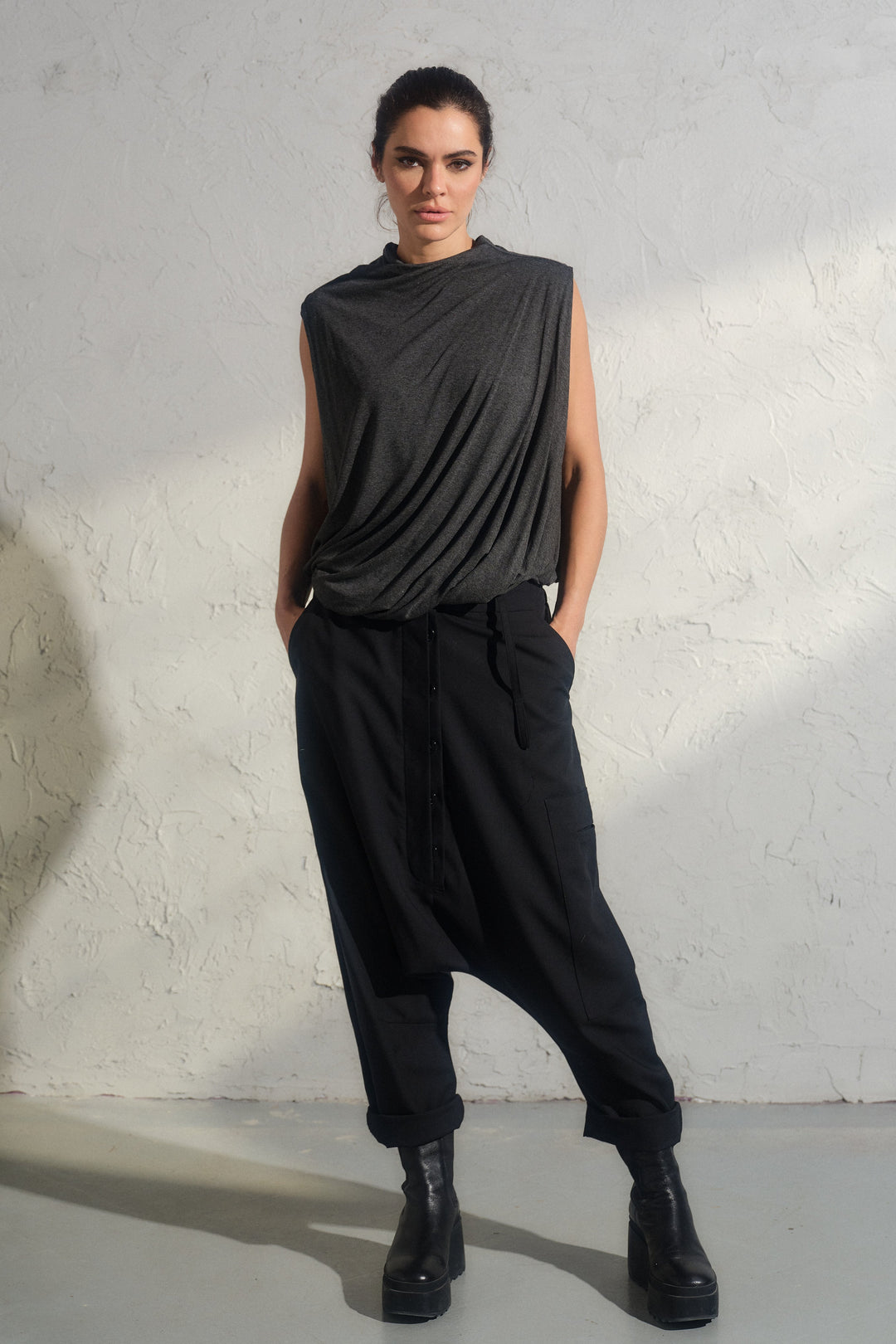Black merino wool baggy pants