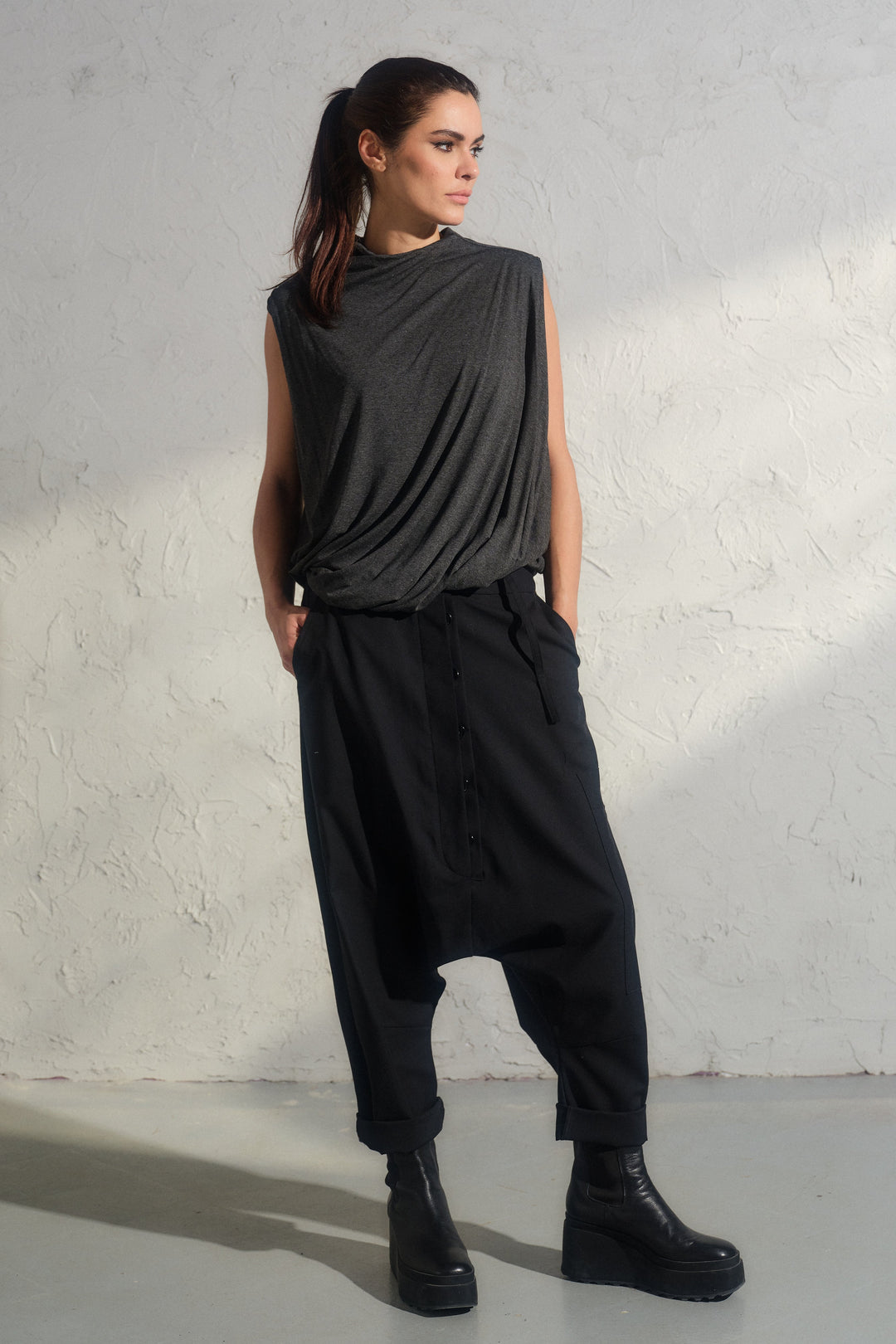 Black merino wool baggy pants