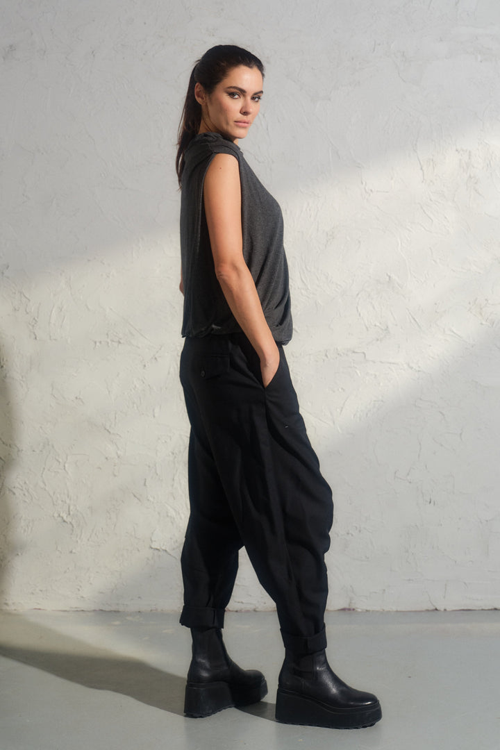 Black merino wool baggy pants