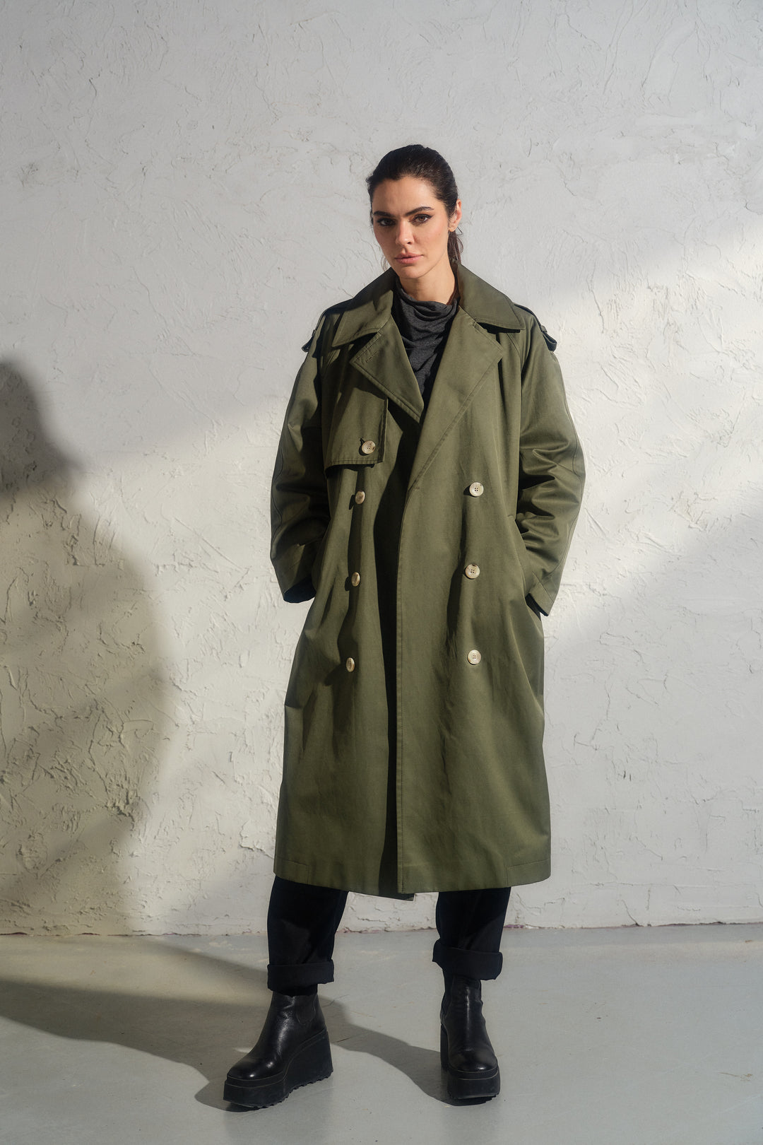 Double breasted trench coat in khaki green