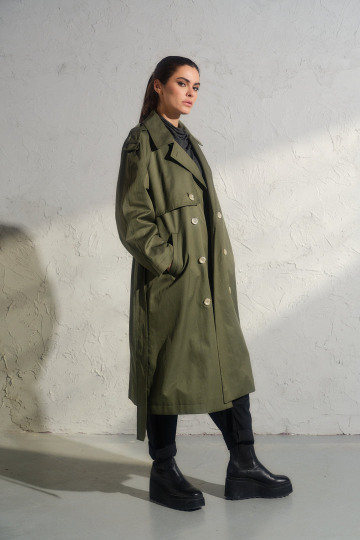 Double breasted trench coat in khaki green