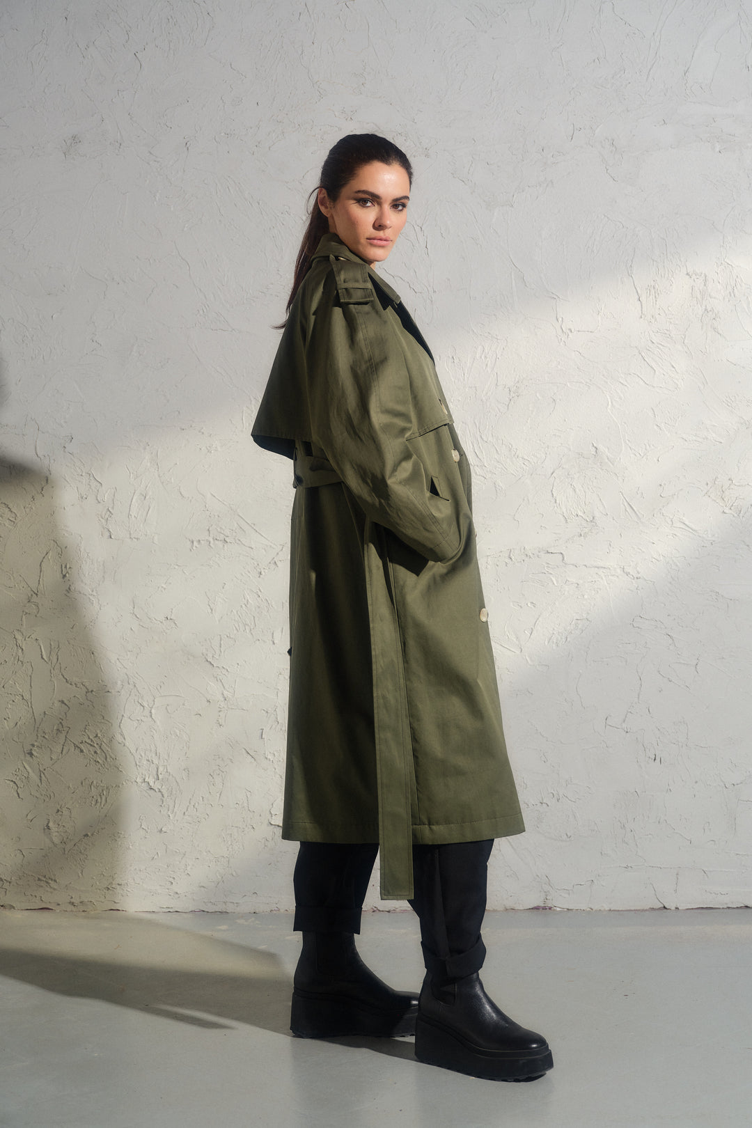 Double breasted trench coat in khaki green