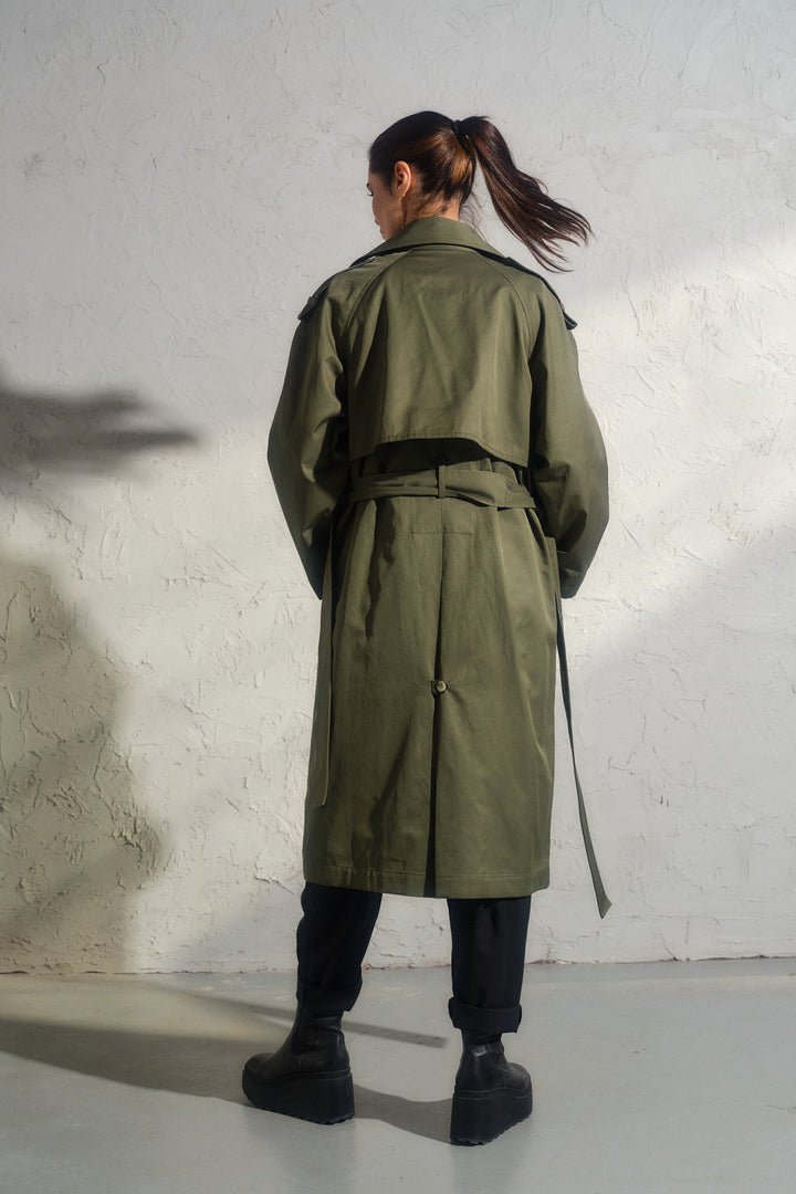 Double breasted trench coat in khaki green