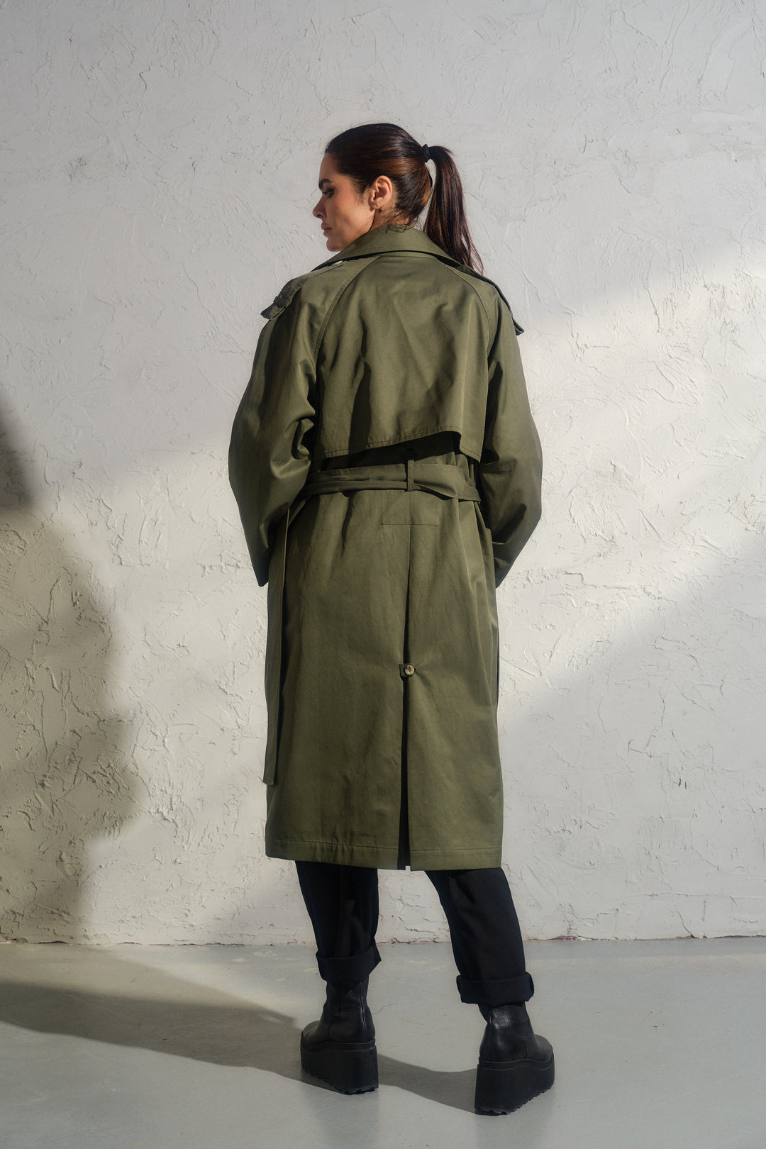 Double breasted trench coat in khaki green