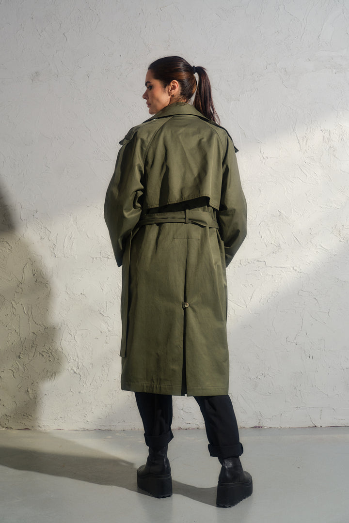 Double breasted trench coat in khaki green