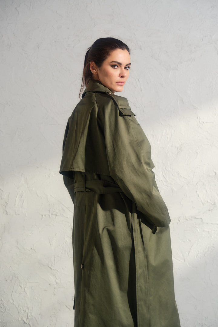 Double breasted trench coat in khaki green