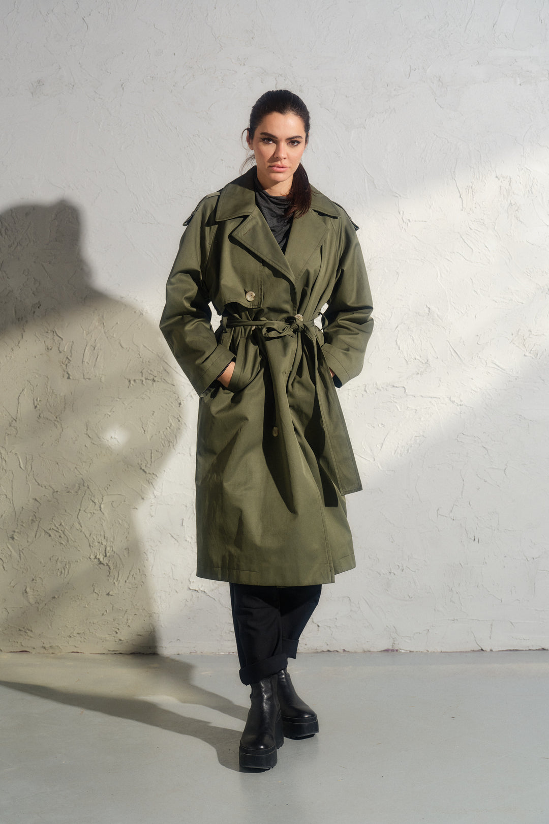 Double breasted trench coat in khaki green