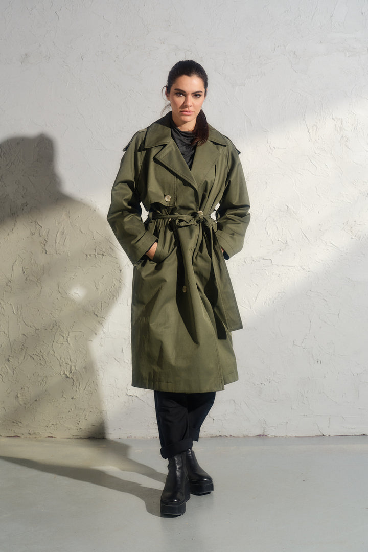 Double breasted trench coat in khaki green