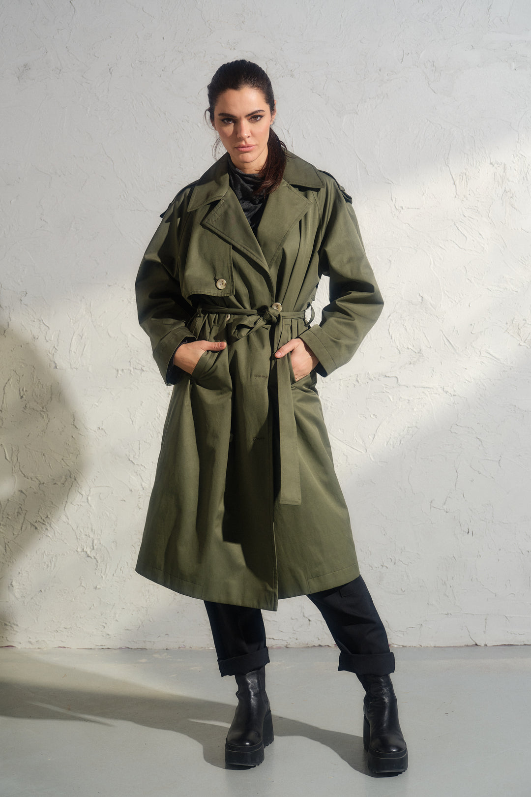 Double breasted trench coat in khaki green