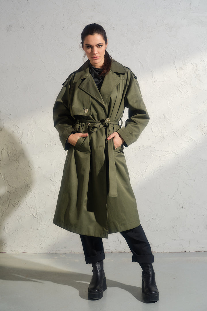Double breasted trench coat in khaki green