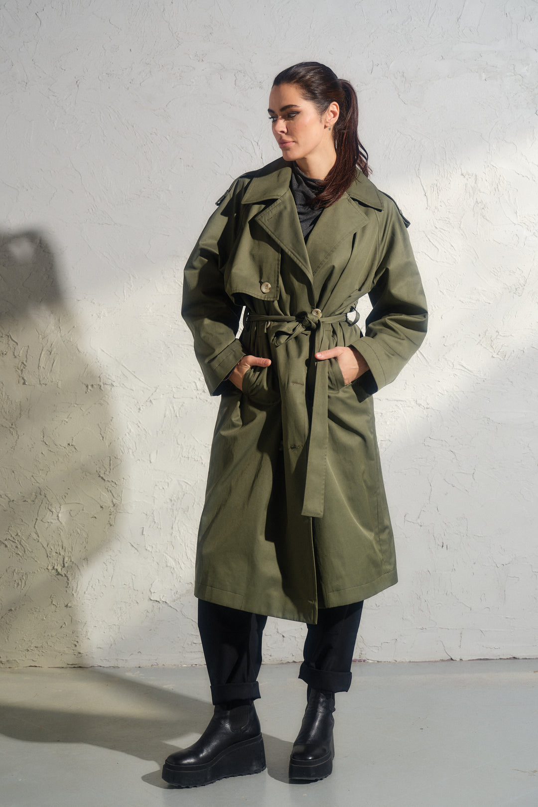 Double breasted trench coat in khaki green