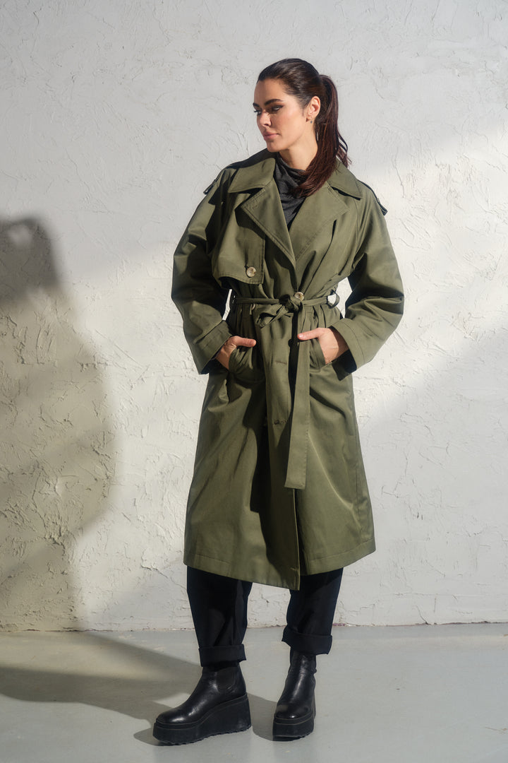 Double breasted trench coat in khaki green