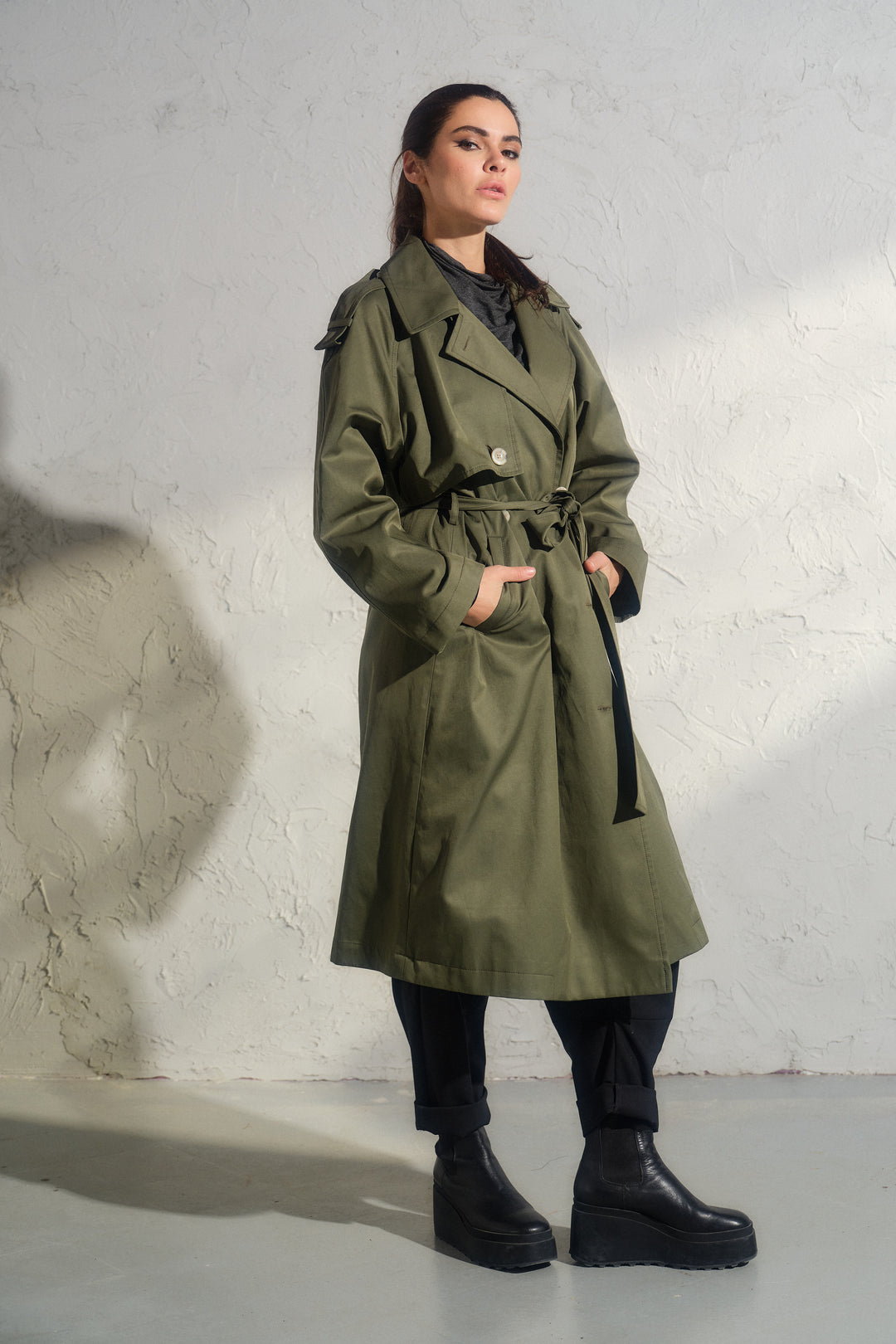 Double breasted trench coat in khaki green