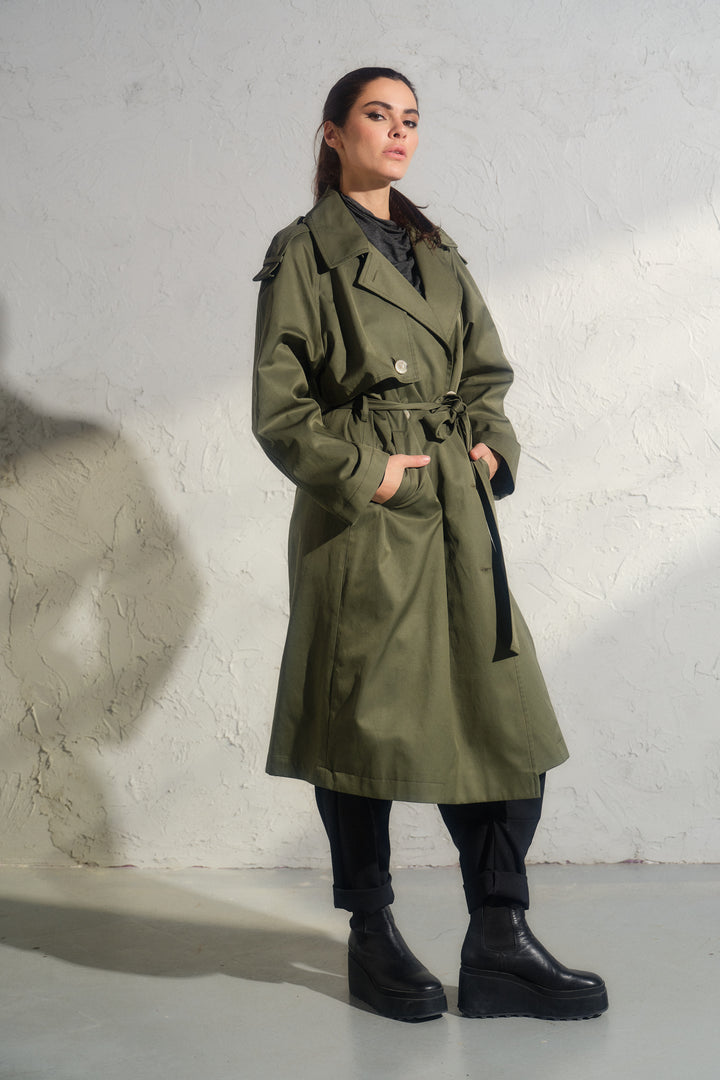 Double breasted trench coat in khaki green