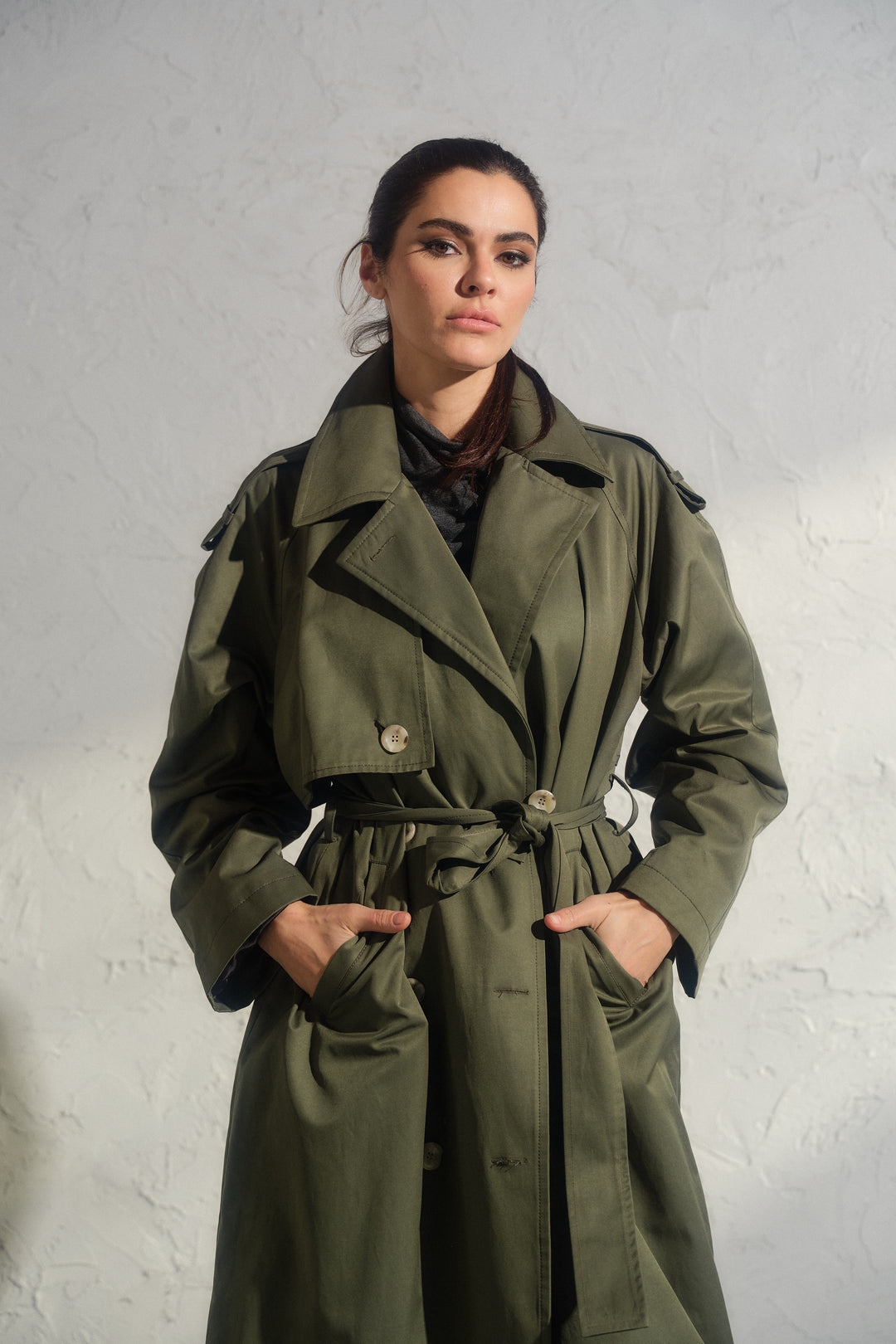 Double breasted trench coat in khaki green