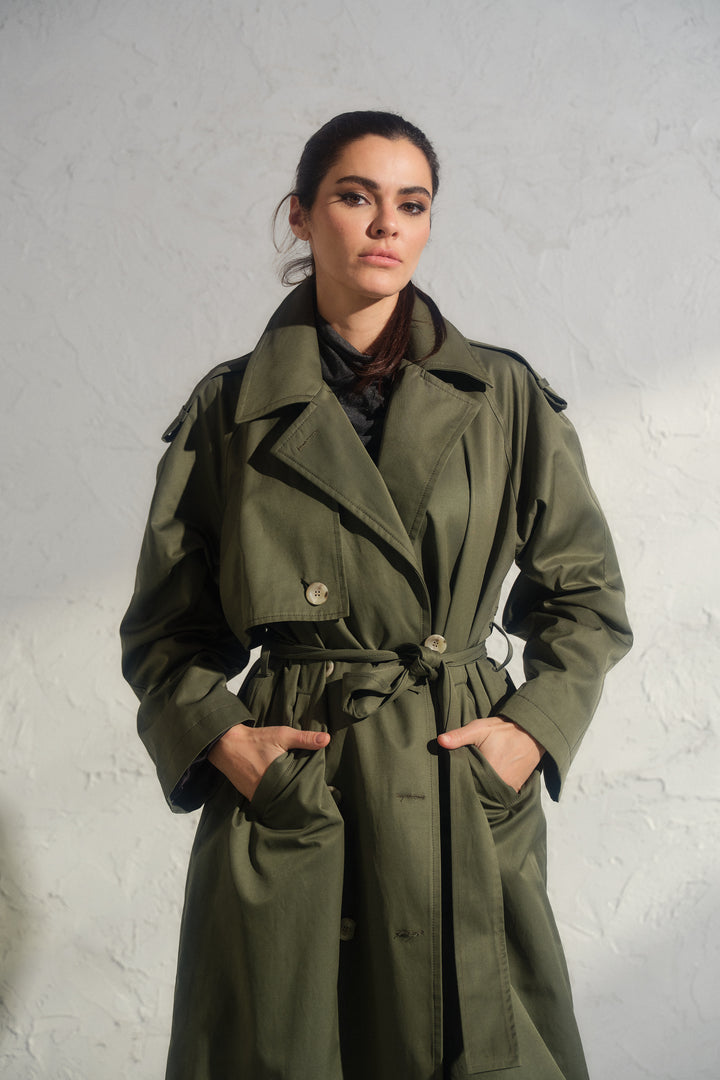 Double breasted trench coat in khaki green