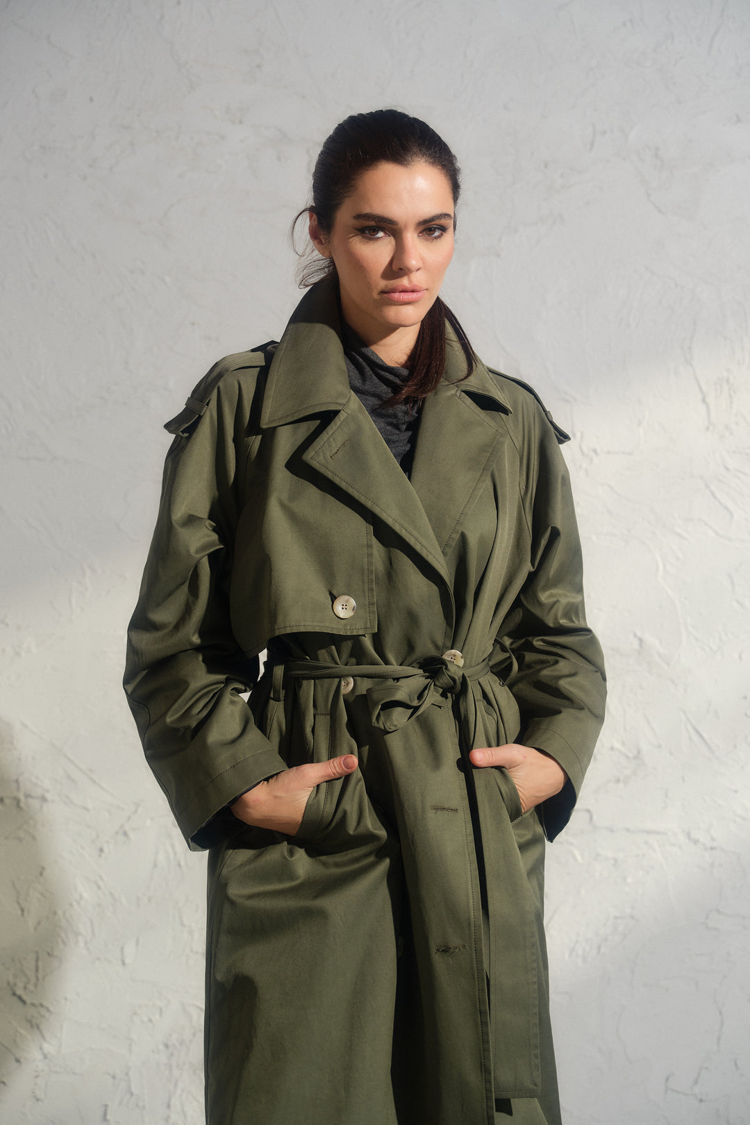 Double breasted trench coat in khaki green