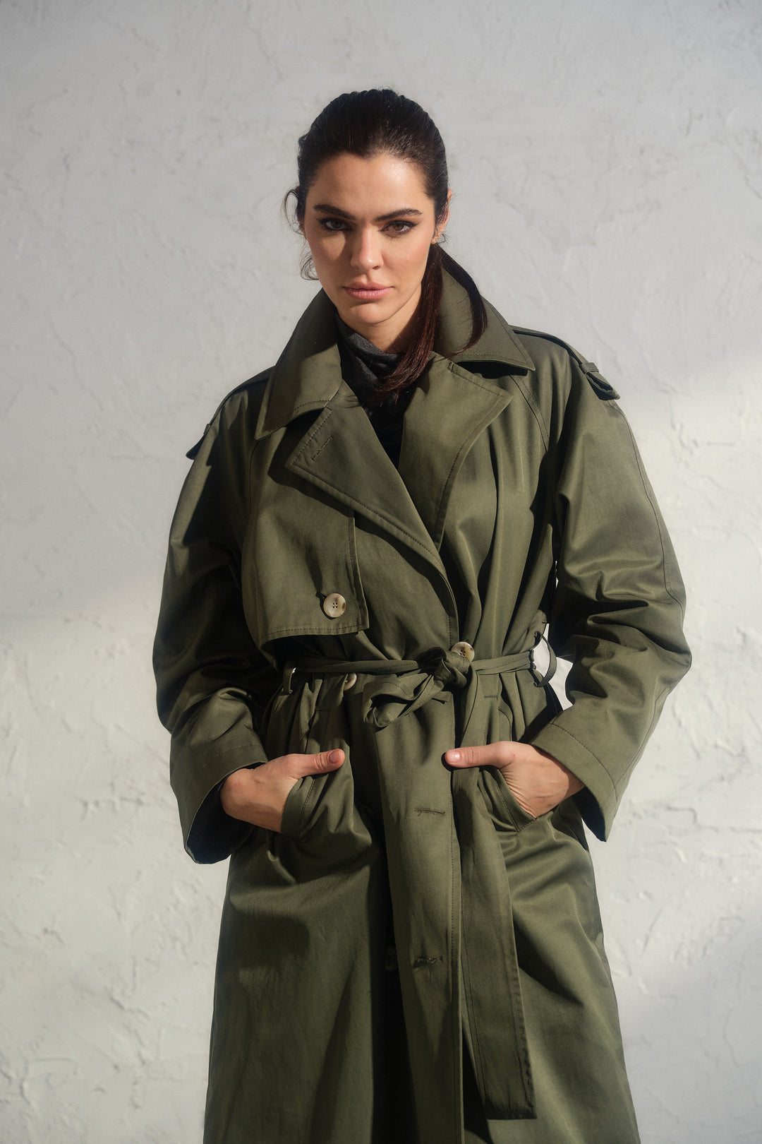 Double breasted trench coat in khaki green