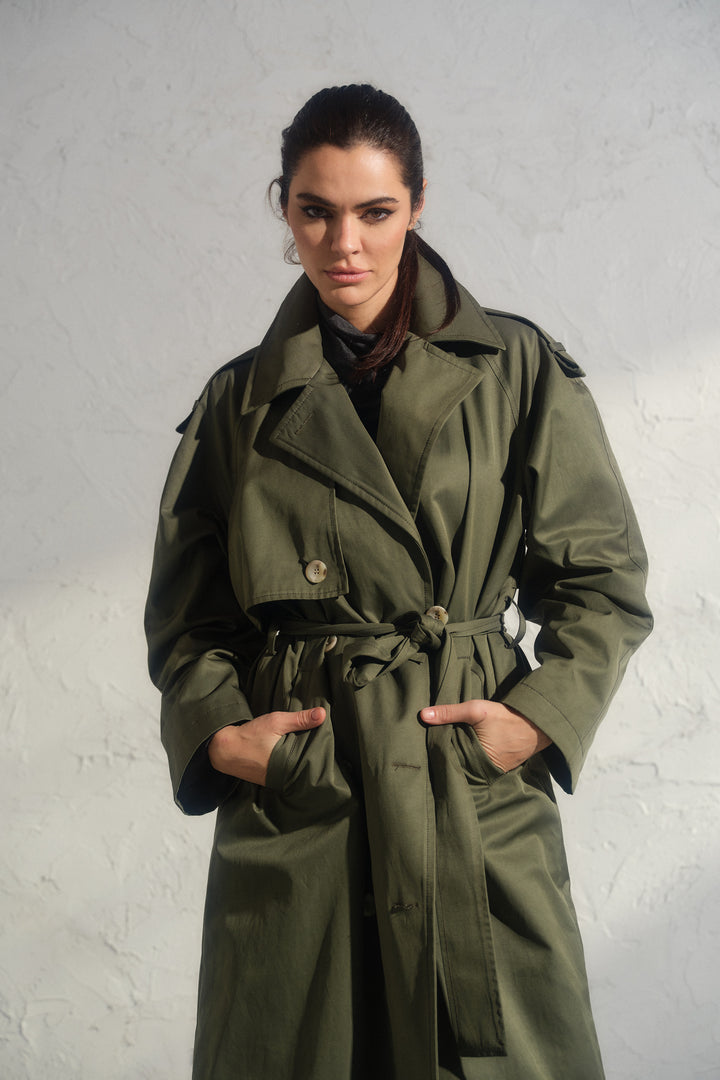 Double breasted trench coat in khaki green