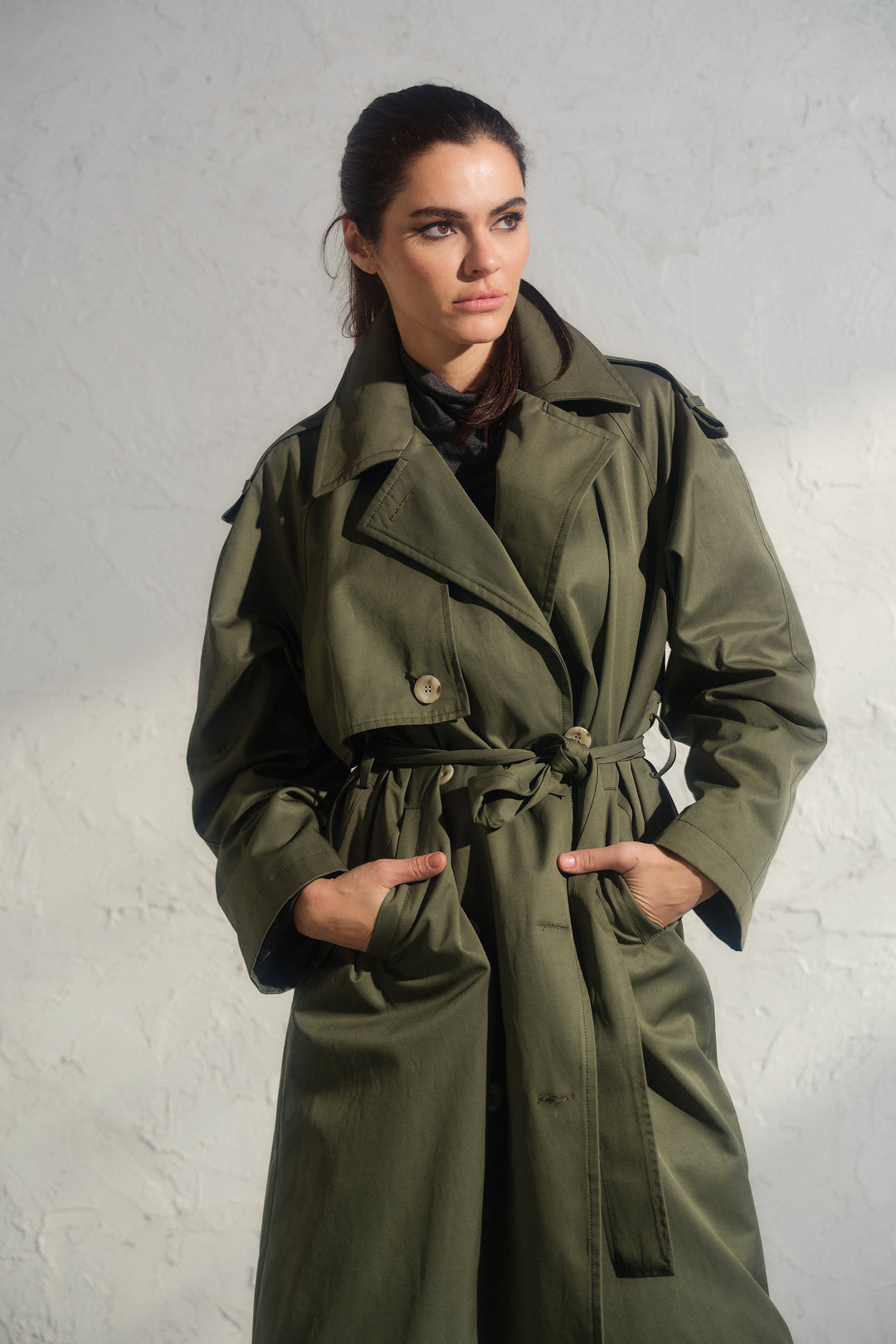 Double breasted trench coat in khaki green