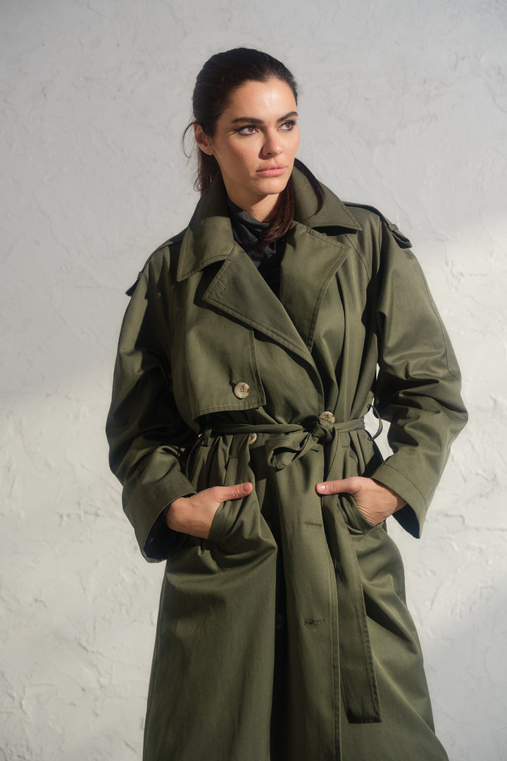 Double breasted trench coat in khaki green