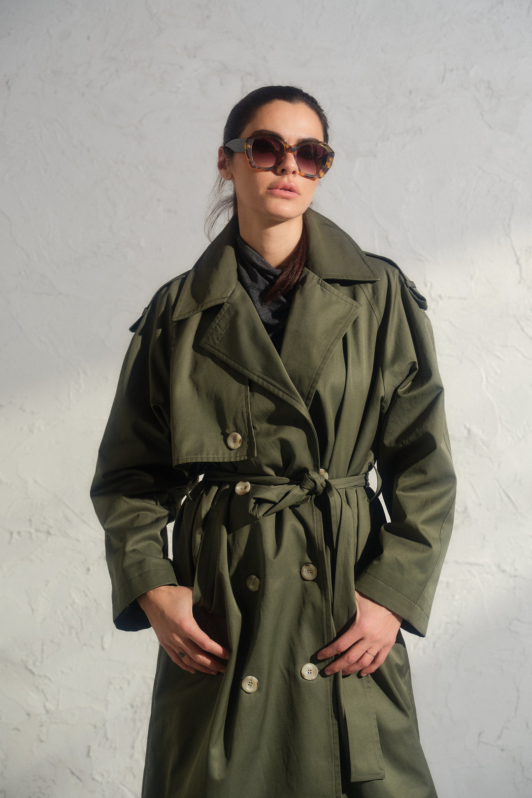 Double breasted trench coat in khaki green