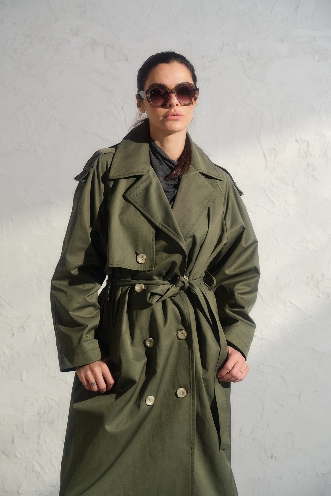 Double breasted trench coat in khaki green
