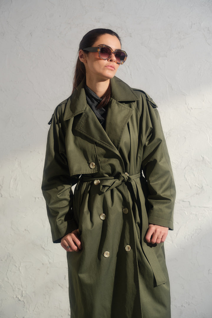 Double breasted trench coat in khaki green
