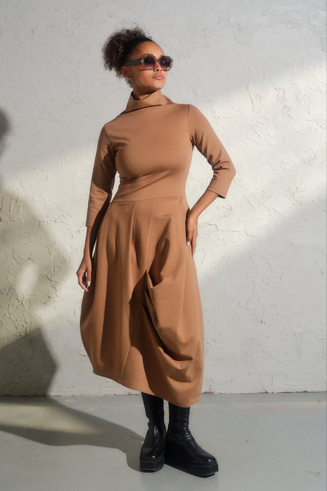 Beige asymmetrical long winter avant garde dress