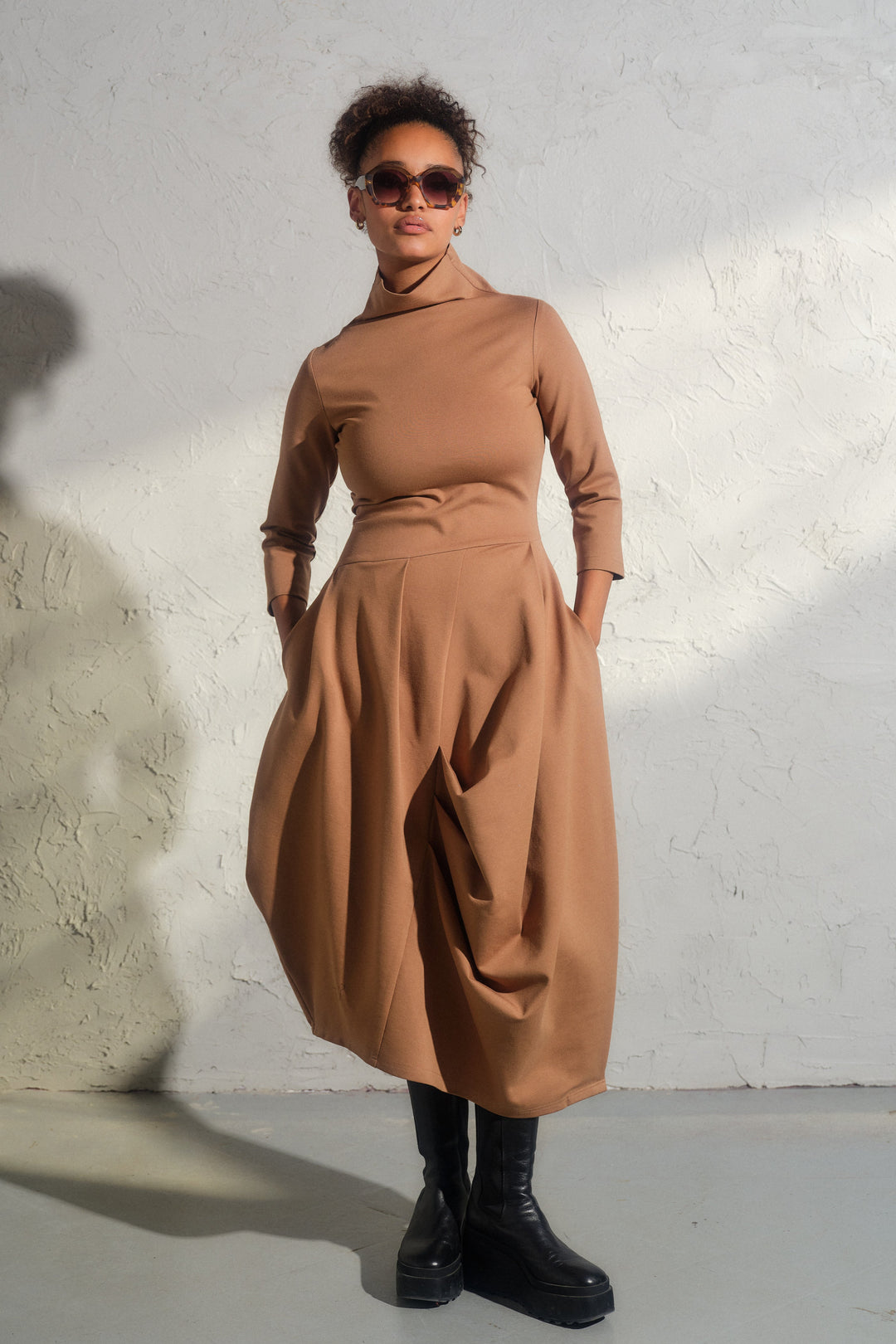 Beige asymmetrical long winter avant garde dress