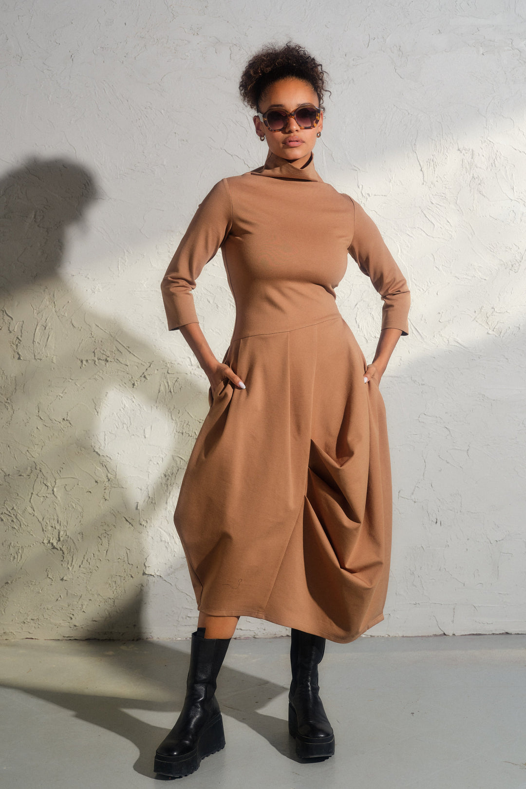 Beige asymmetrical long winter avant garde dress