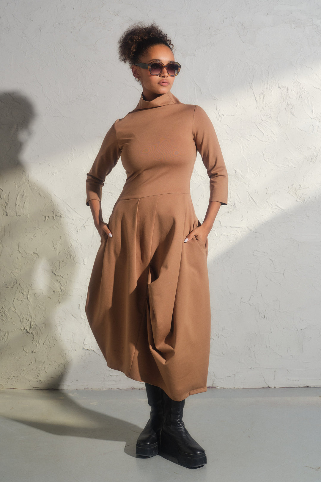 Beige asymmetrical long winter avant garde dress