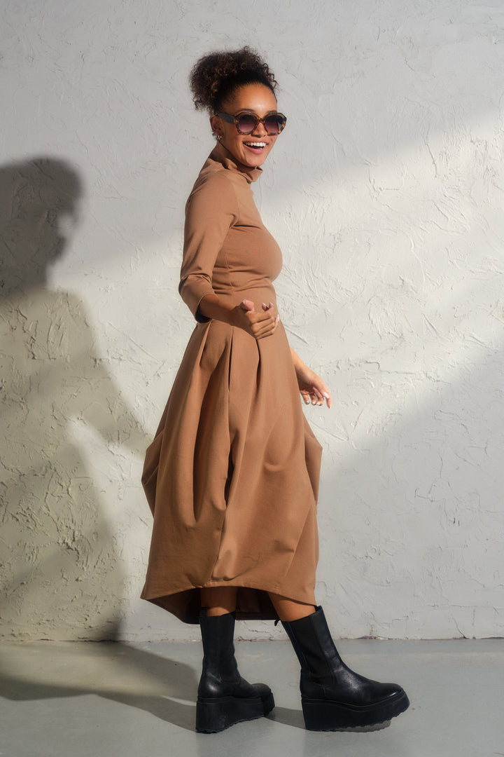 Beige asymmetrical long winter avant garde dress