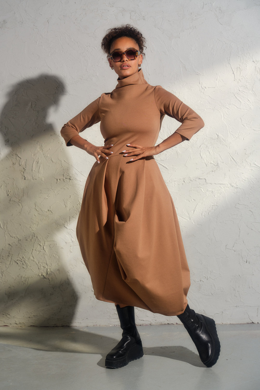 Beige asymmetrical long winter avant garde dress