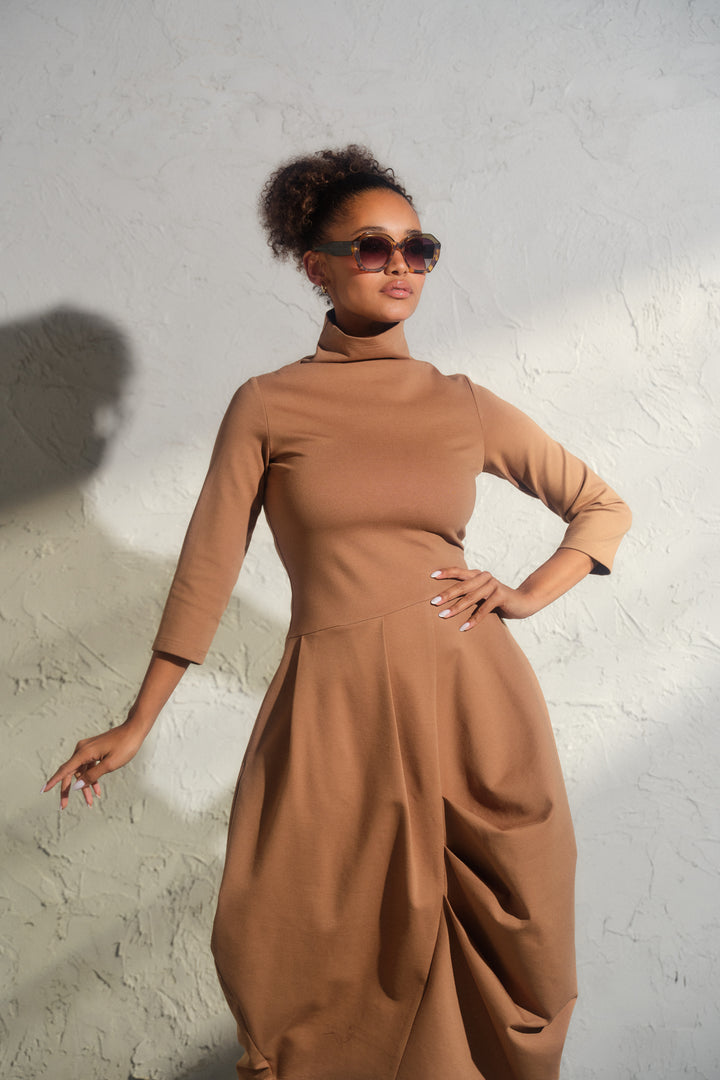 Beige asymmetrical long winter avant garde dress