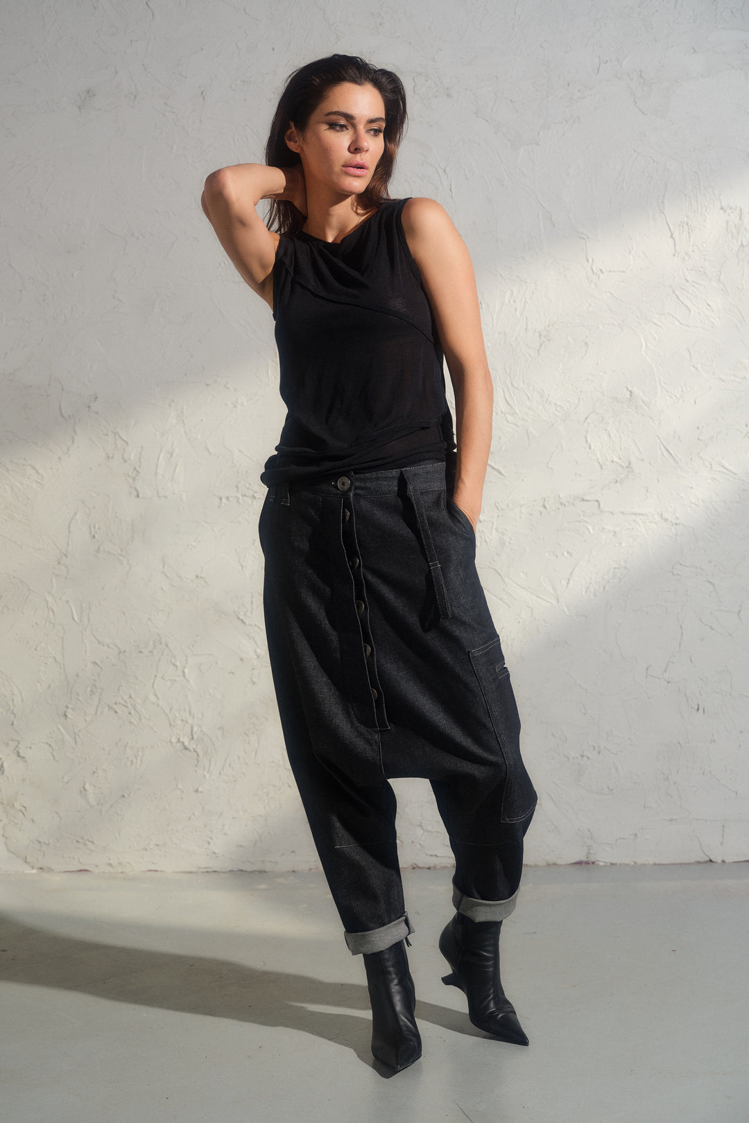 Avant garde denim harem pants with asymmetrical details