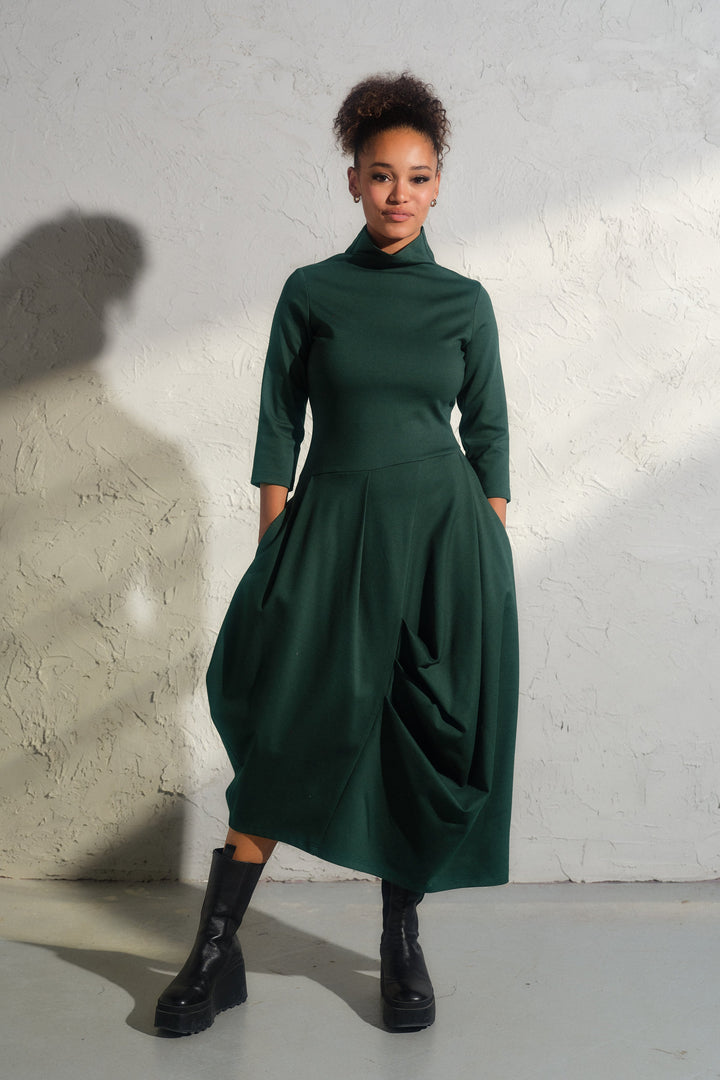 Emerald green asymmetrical long winter avant garde dress