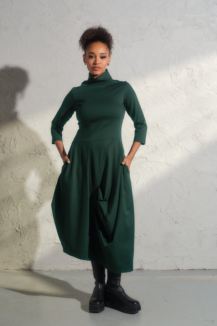 Emerald green asymmetrical long winter avant garde dress