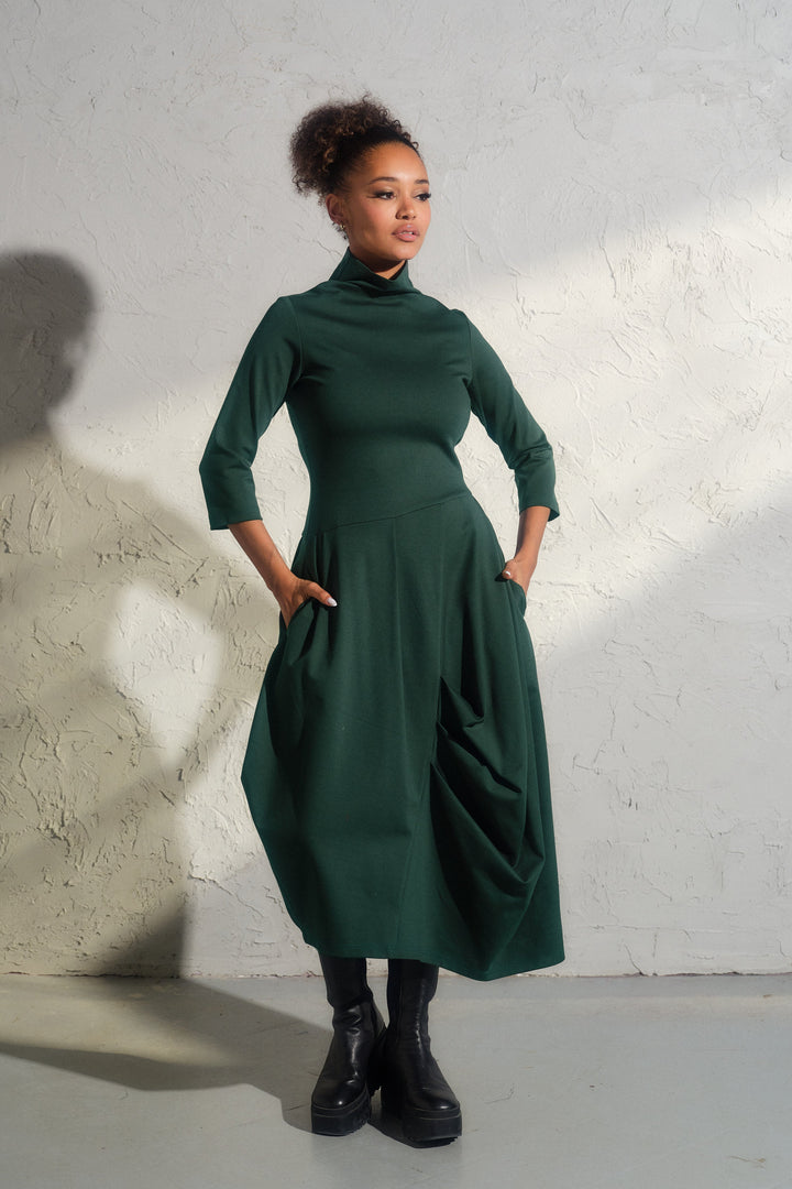 Emerald green asymmetrical long winter avant garde dress