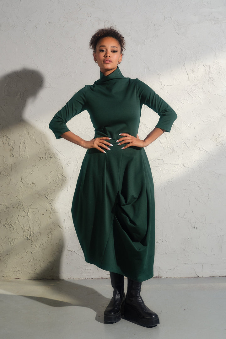 Emerald green asymmetrical long winter avant garde dress