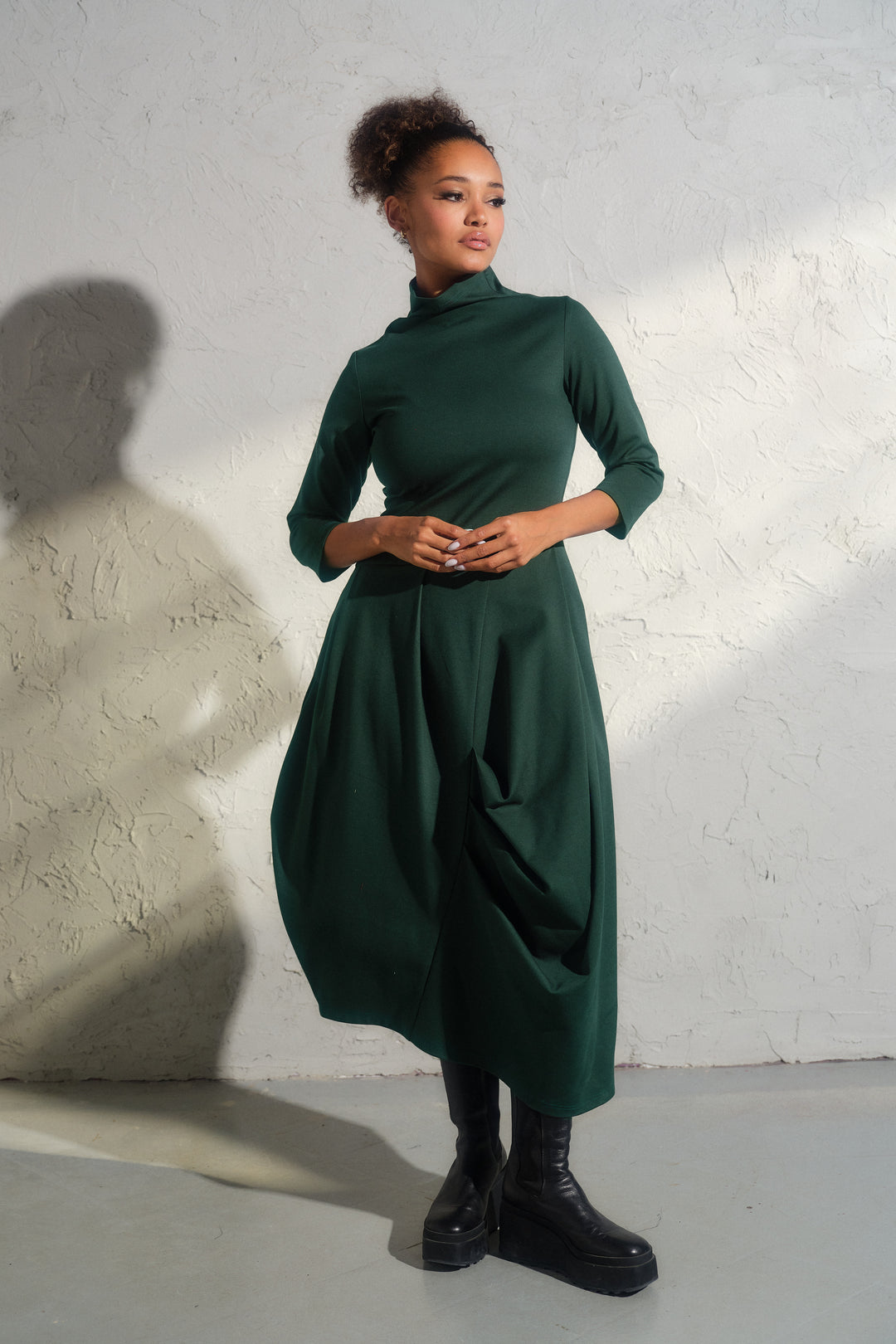 Emerald green asymmetrical long winter avant garde dress