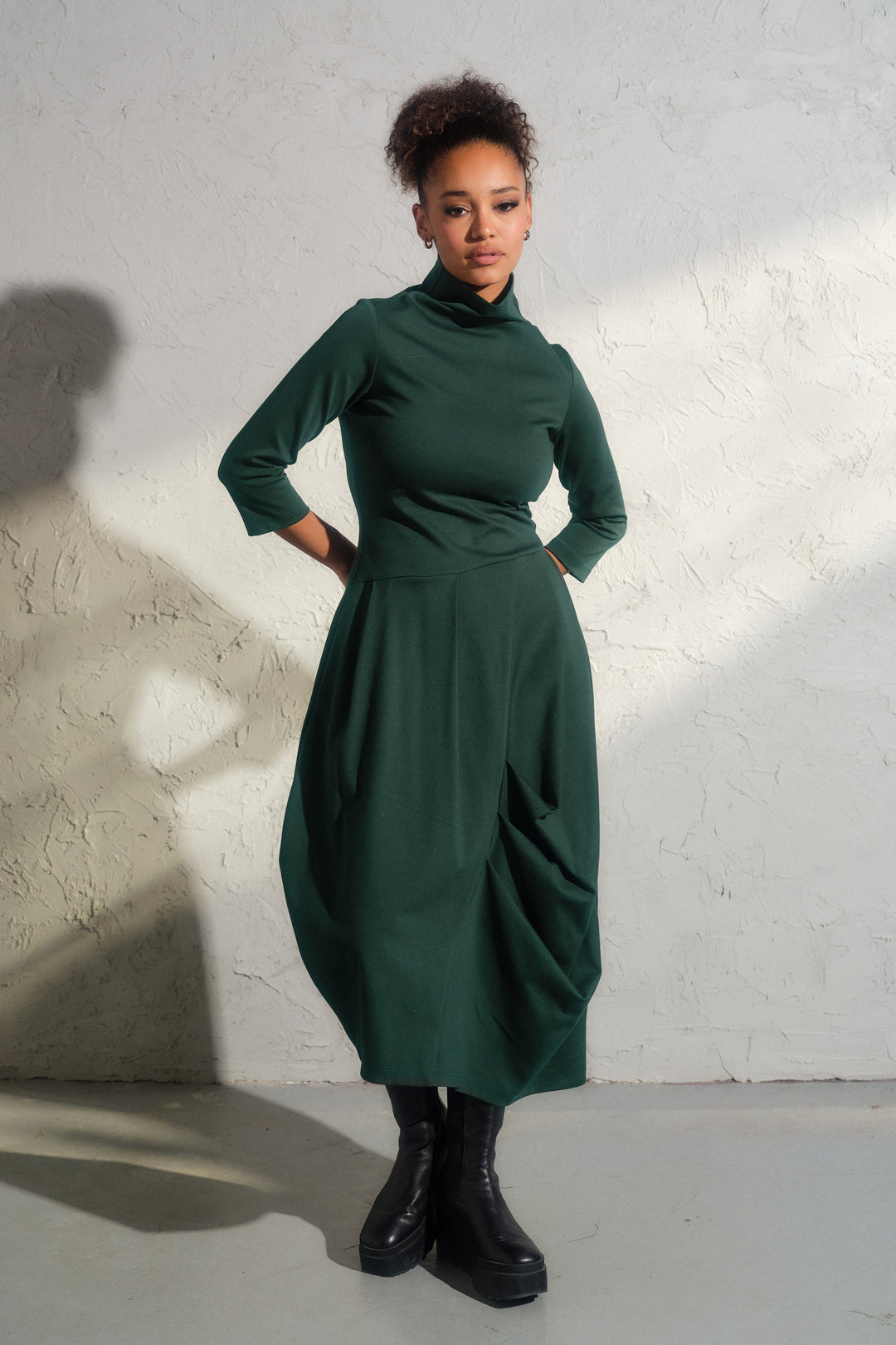 Emerald green asymmetrical long winter avant garde dress