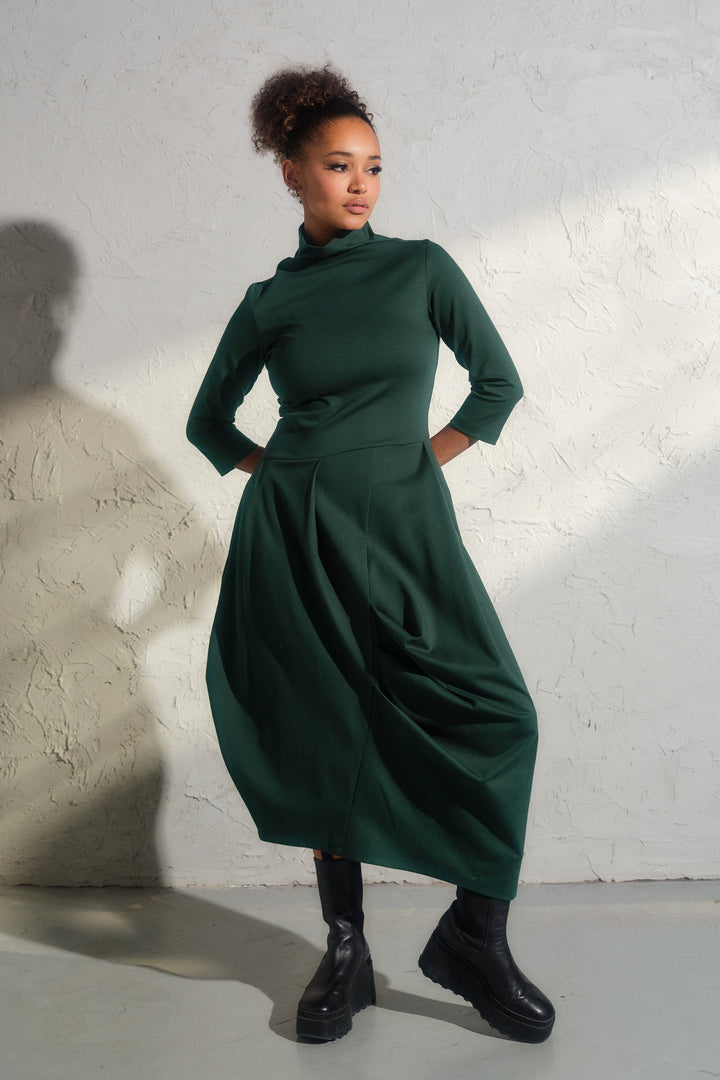 Emerald green asymmetrical long winter avant garde dress