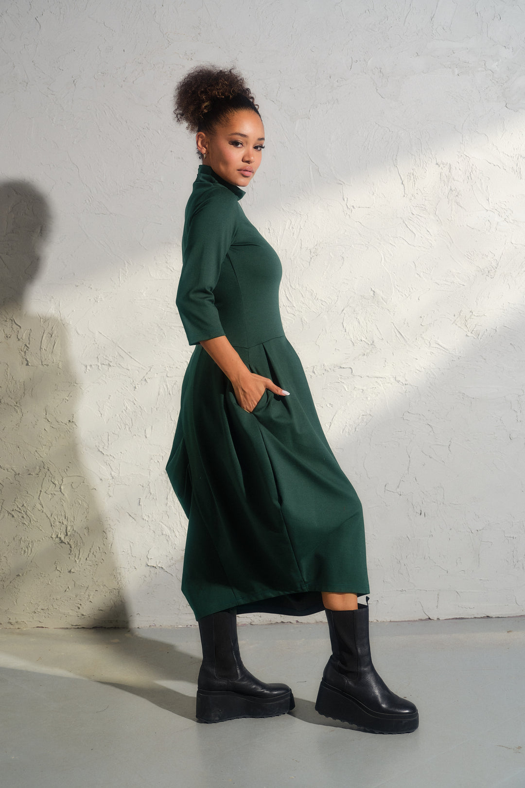 Emerald green asymmetrical long winter avant garde dress